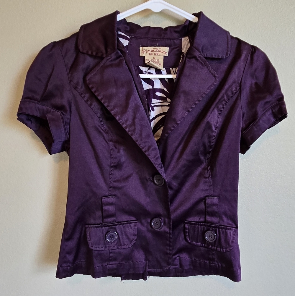 Paris Blues Blazer Jacket Women’s Small Purple Satin Short Sleeve Fitted Button - Picture 2 of 11